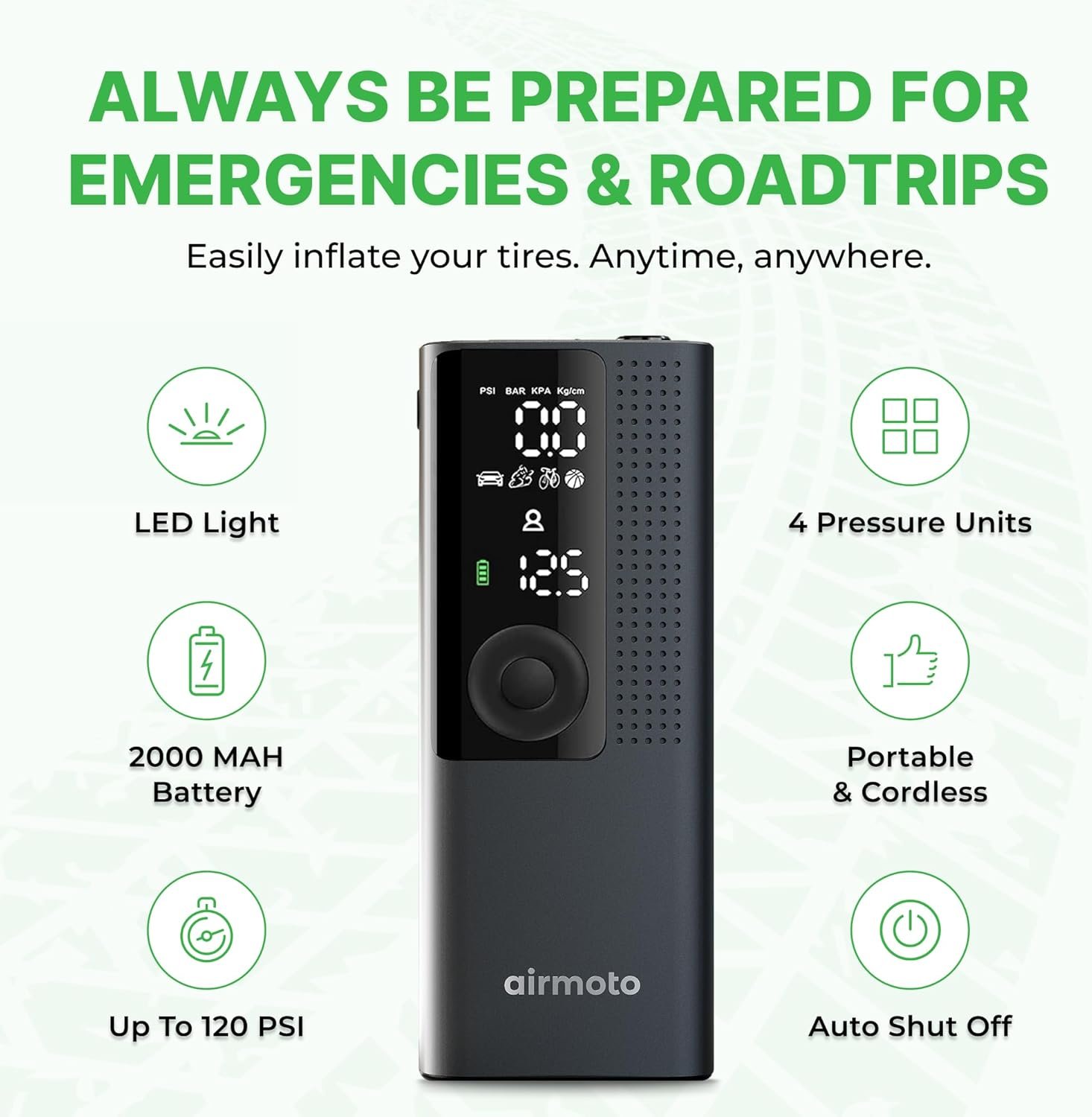 Airmoto Tire Inflator Portable Air Compressor - Air Pump For Car Tires with Digital Pressure Gauge, LED Light and Auto Shut-Off Function - Cordless Pump for Car, Motorcycle, Bicycle, Ball