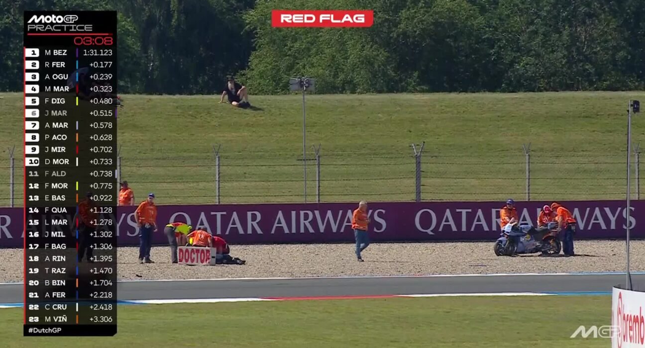 Alex Marquez crashes dramatically during Assen MotoGP practice, session stopped