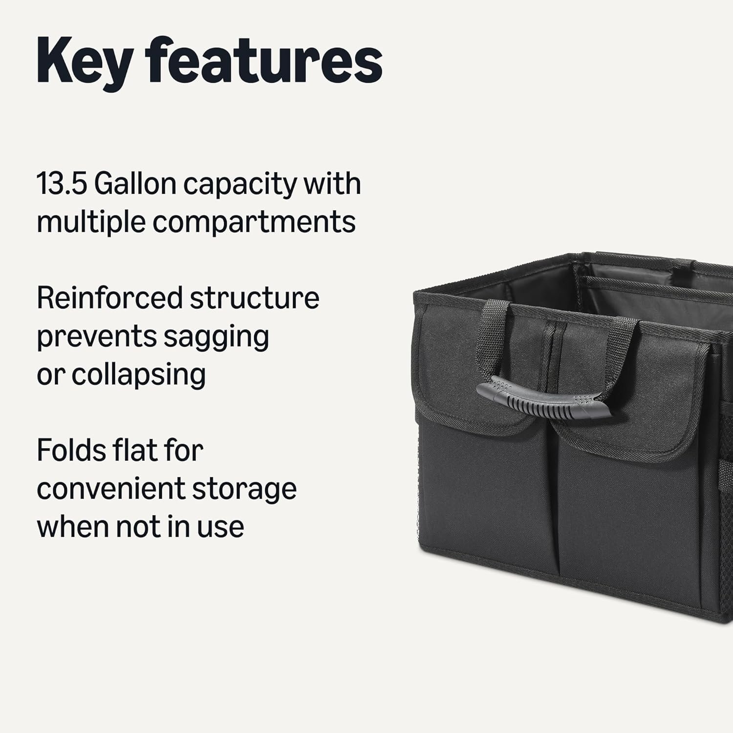 Amazon Basics Trunk Organizer for Car, Multi-Compartment Car Storage, Foldable, 13.5 Gallon, Black