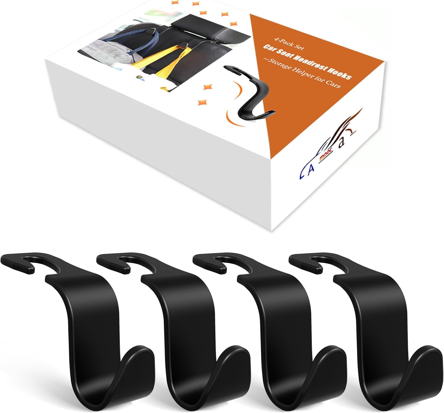 Amooca 4-Pack Car Headrest Hooks Vehicle Storage Organizer for Purses Handbags Groceries Backpack Coats –Holds 55lbs 360° Rotating Black