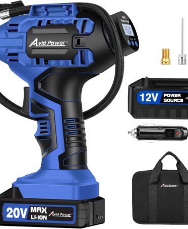 Avid Power Cordless Tire Inflator Portable Air Compressor, 20V Rechargeable Battery Tire Pump w/ 12V DC Power Adapter, Digital Pressure Gauge, Auto Air Pump for Many Inflatables (Blue)