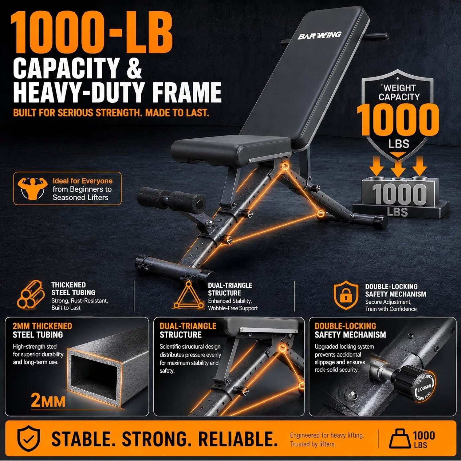 BARWING Adjustable Weight Bench Workout Bench, 1000/1300 LBS Heavy Duty Incline Decline Bench for Home Gym, Easy Assembly Foldable Training Lifting Bench