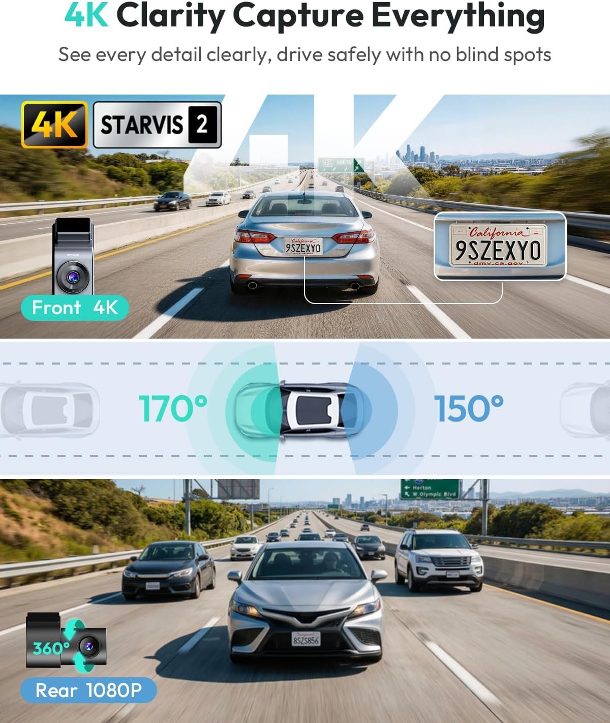 BOTSLAB G300 PLUS 4K DUAL Dash Cam Front and Rear [Updated Version], STARVIS 2 Sensor, 64GB Card Included, Voice Control, 5GHz WiFi Dashcam Front and Rear Camera, GPS,WDR Night Vision,24H Parking Mode