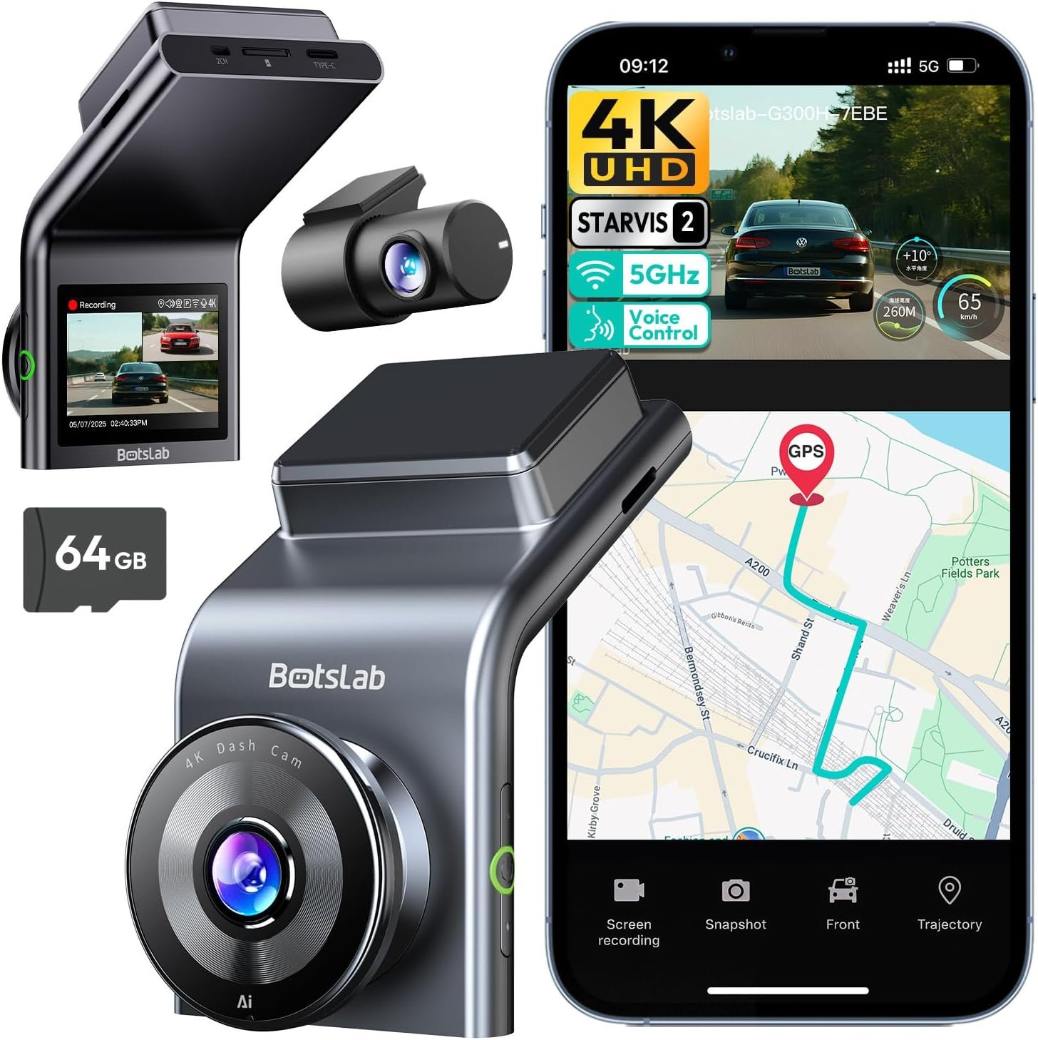 BOTSLAB G300 PLUS 4K DUAL Dash Cam Front and Rear [Updated Version], STARVIS 2 Sensor, 64GB Card Included, Voice Control, 5GHz WiFi Dashcam Front and Rear Camera, GPS,WDR Night Vision,24H Parking Mode