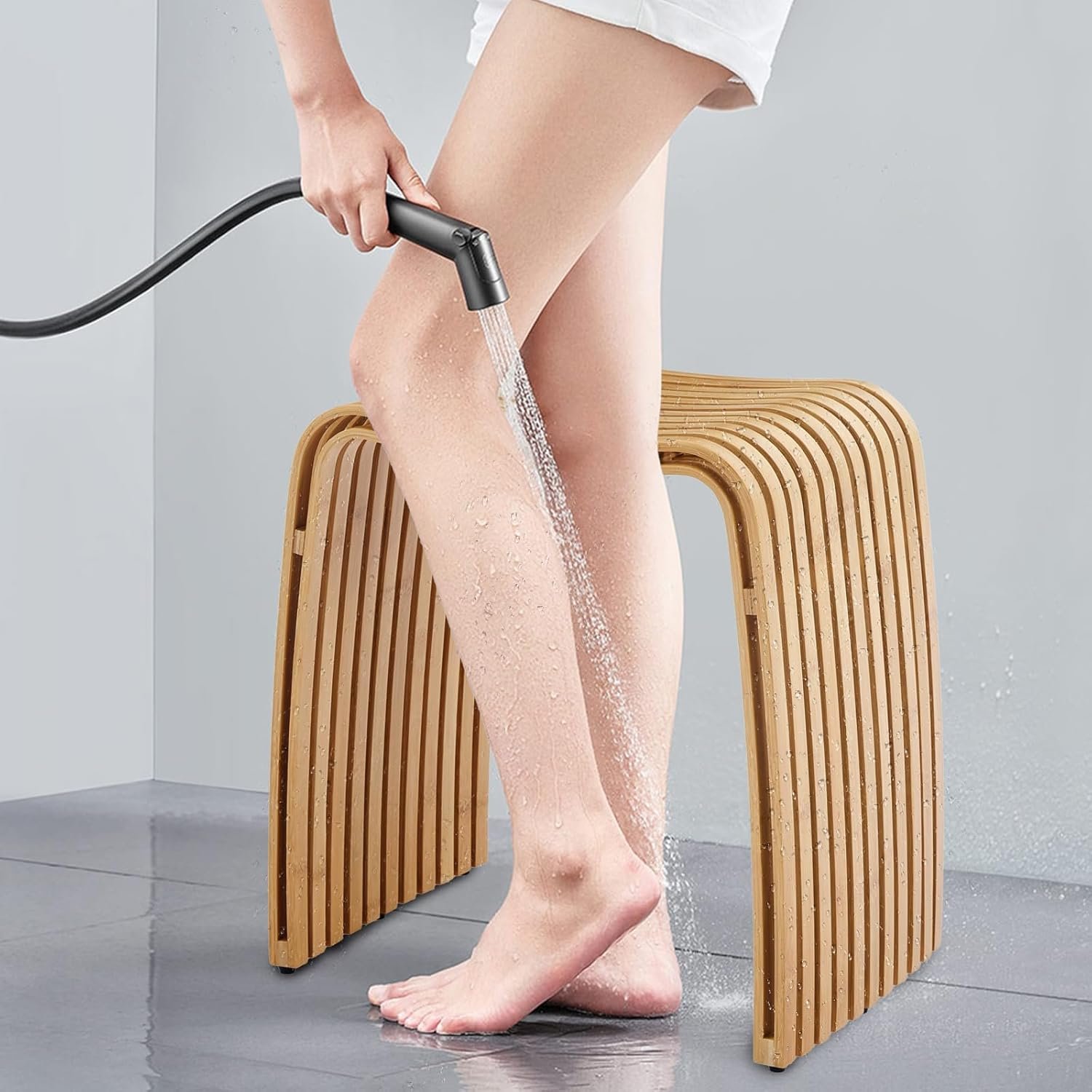 Bamboo Shower Bench, Non-Slip Shower Stool & 450 lbs, Waterproof Bathroom Stool Spa Bath Seat, Natural Bamboo Stool, Suitable for Multiple Settings: Bathroom, Bedroom, Dining Room and Living Room