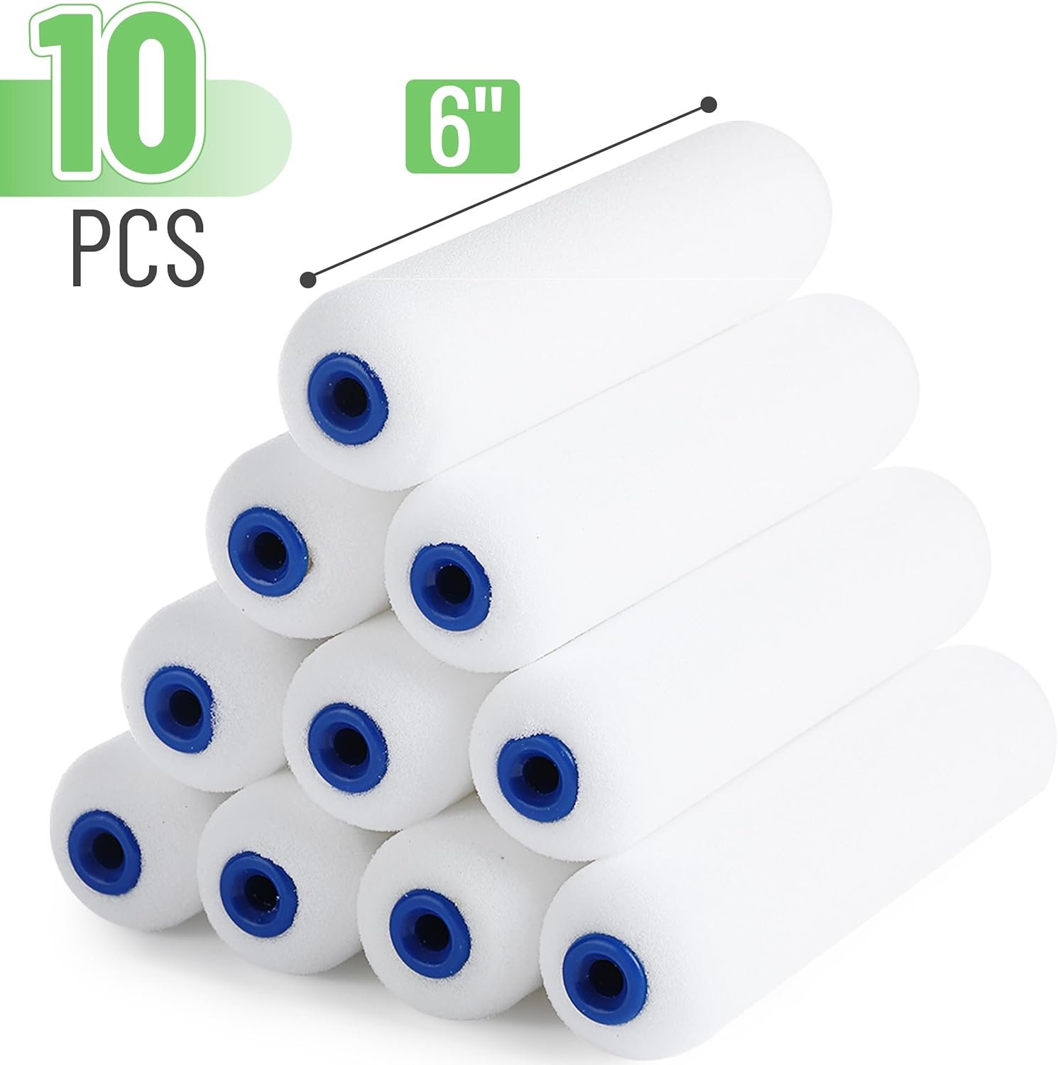 Bates- Foam Paint Roller Covers, 6", 10 Pack, White, High Density Foam Roller Paint
