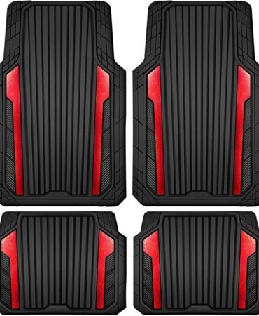 CAR PASS Heavy Duty Rubber Car Mats Metallic, Aluminum Film All Weather Floor Mats Waterproof Universal Trim to Fit Automotive SUV Sedan Van 4 Piece Anodized Deep Dish Two-Tone Sporty Black Red Chrome
