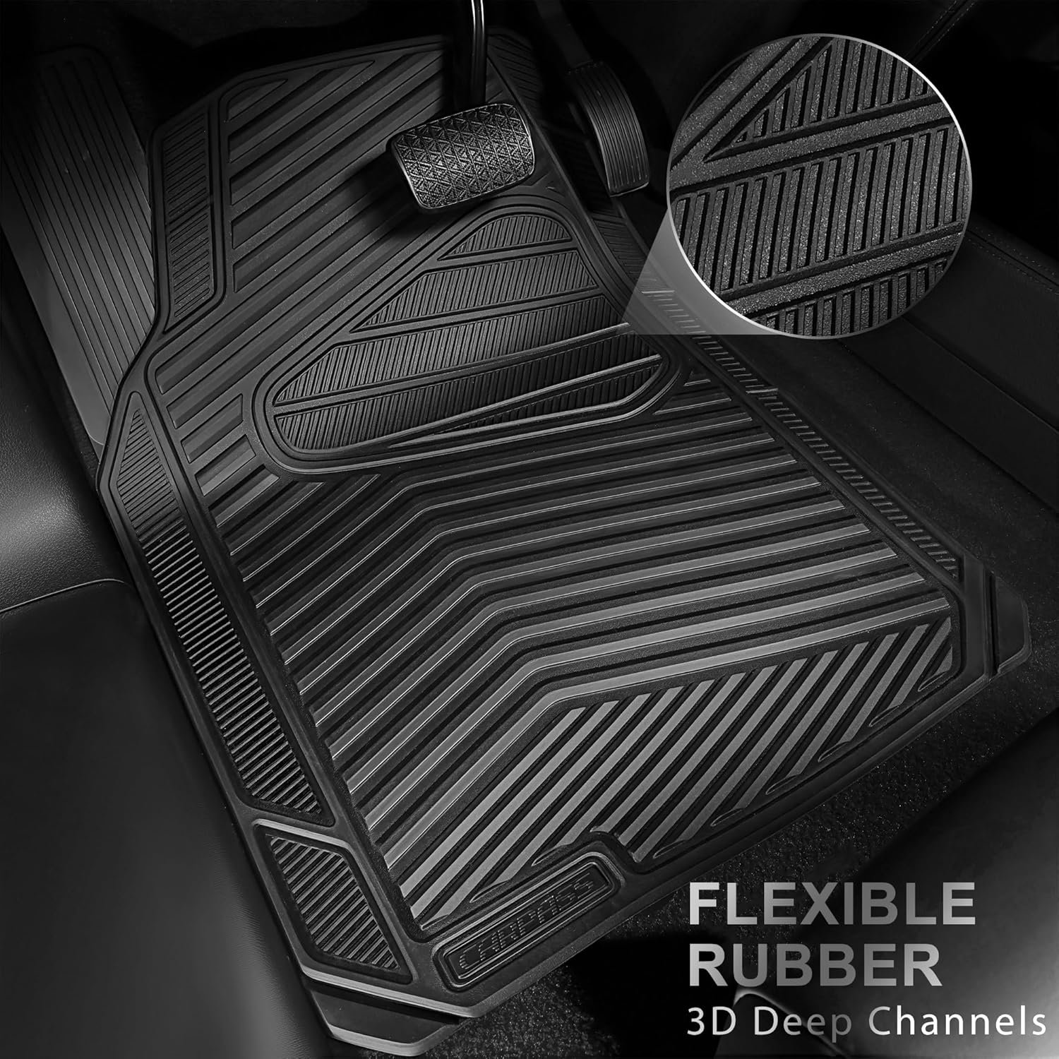 CAR PASS Rubber Car Mats, Waterproof Car Floor Mats All Weather,Car Mat Full Set 3 Piece, Automotive Floor Mat Trim to Fit for Cars Sedans SUVs Trucks, Anti-Slip Easy Clean, All Black