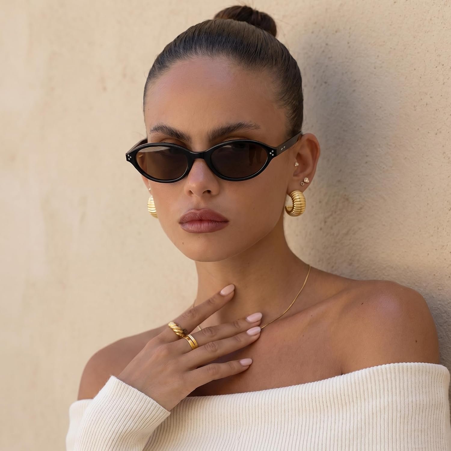 COASION Polarized Retro Oval Cat Eye Sunglasses for Women, Trendy Y2K 90s Narrow Sunnies, Small Frame UV400 Protection Shades