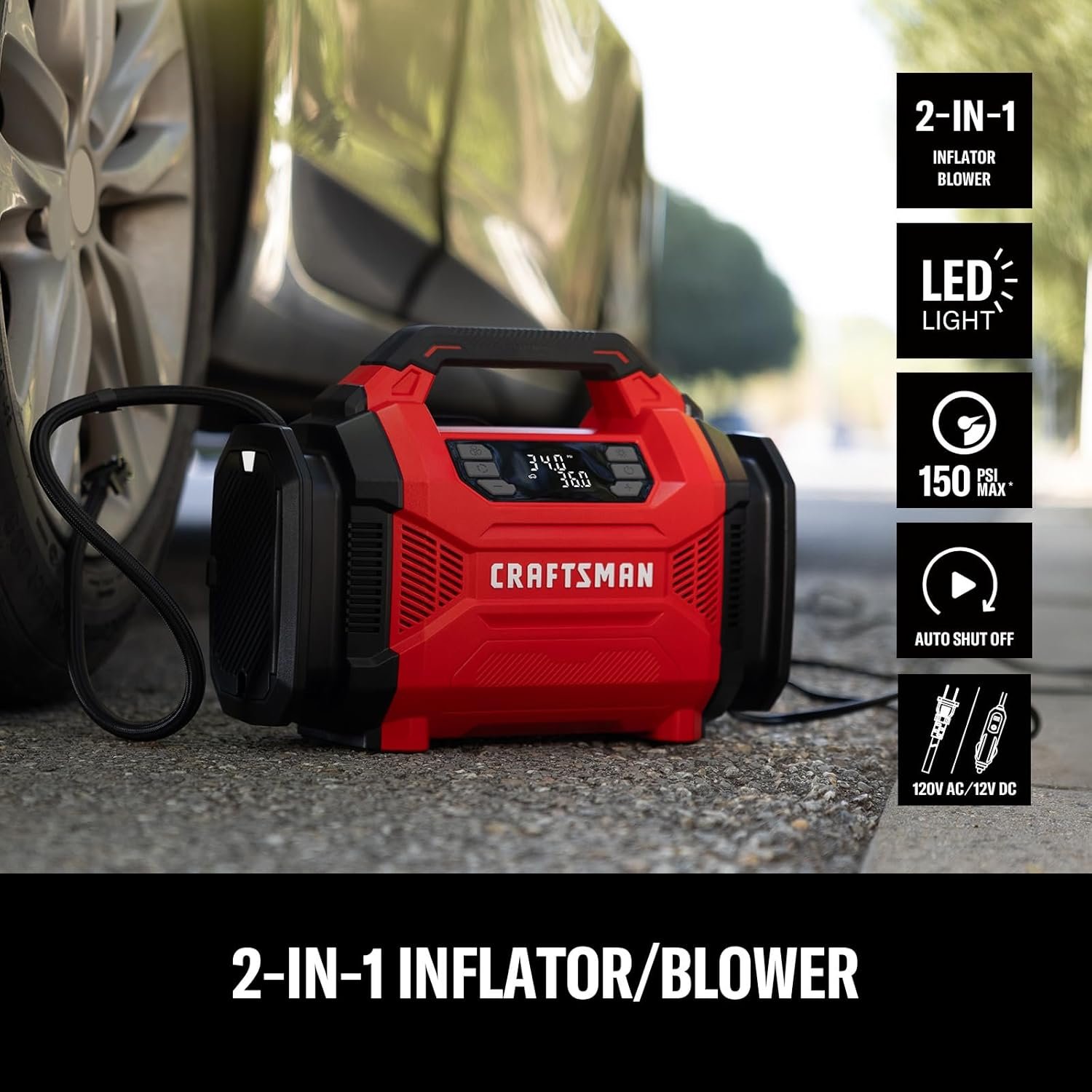 CRAFTSMAN Dual Power Tire Inflator Portable Air Compressor, 12V DC Car Plug & 120V AC Home Use, Up to 150 PSI with Digital Gauge & Auto Shut-Off, LED Light, Air Pump for Cars, Bikes & Inflatables