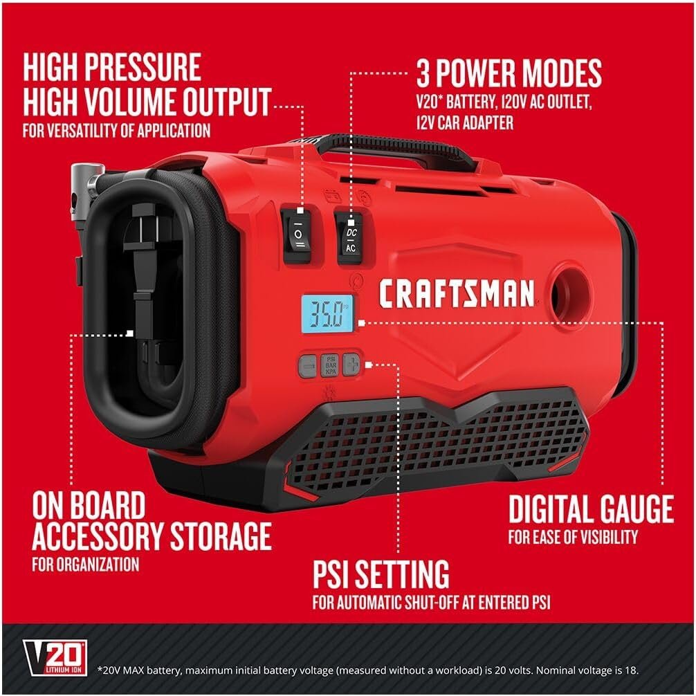 CRAFTSMAN V20 Tire Inflator Portable Air Compressor, Car Air Pump, 3 Modes Tire Pump: Cordless, 120V Corded, and 12V Car Adapter, Battery Sold Separately (CMCE520B)