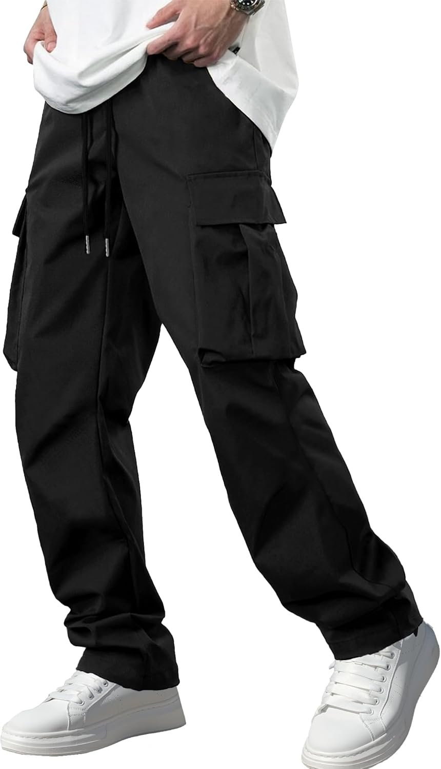 Comdecevis Men's Casual Cargo Pants Workout Joggers Stretch Sweatpants Hiking Drawstring Tactical Pants with Multi Pockets