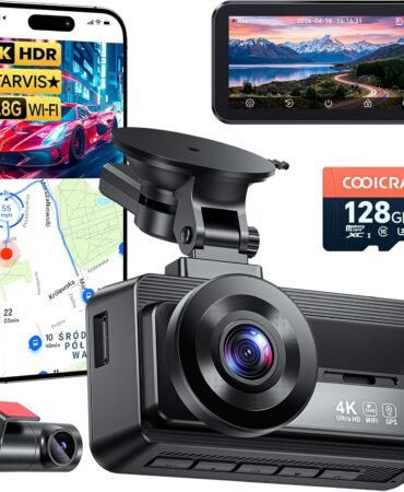 Coolcrazy 4K Dash Cam Front and Rear, STARVIS Sensor, Free 128GB Card Included, 5GHz WiFi-up to 20MB/s, Dual Dash Camera for Cars, Built-in GPS, G-Sensor, WDR/HDR Super Night Vision, 24H Parking Mode