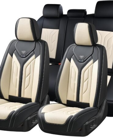 Coverado Seat Covers, Car Seat Covers Full Set, Leather Seat Covers for Cars, Automotive Seat Covers Car Seat Protector Car Accessories Fit for Most Sedans SUV Pick-up Truck(Black&Beige)
