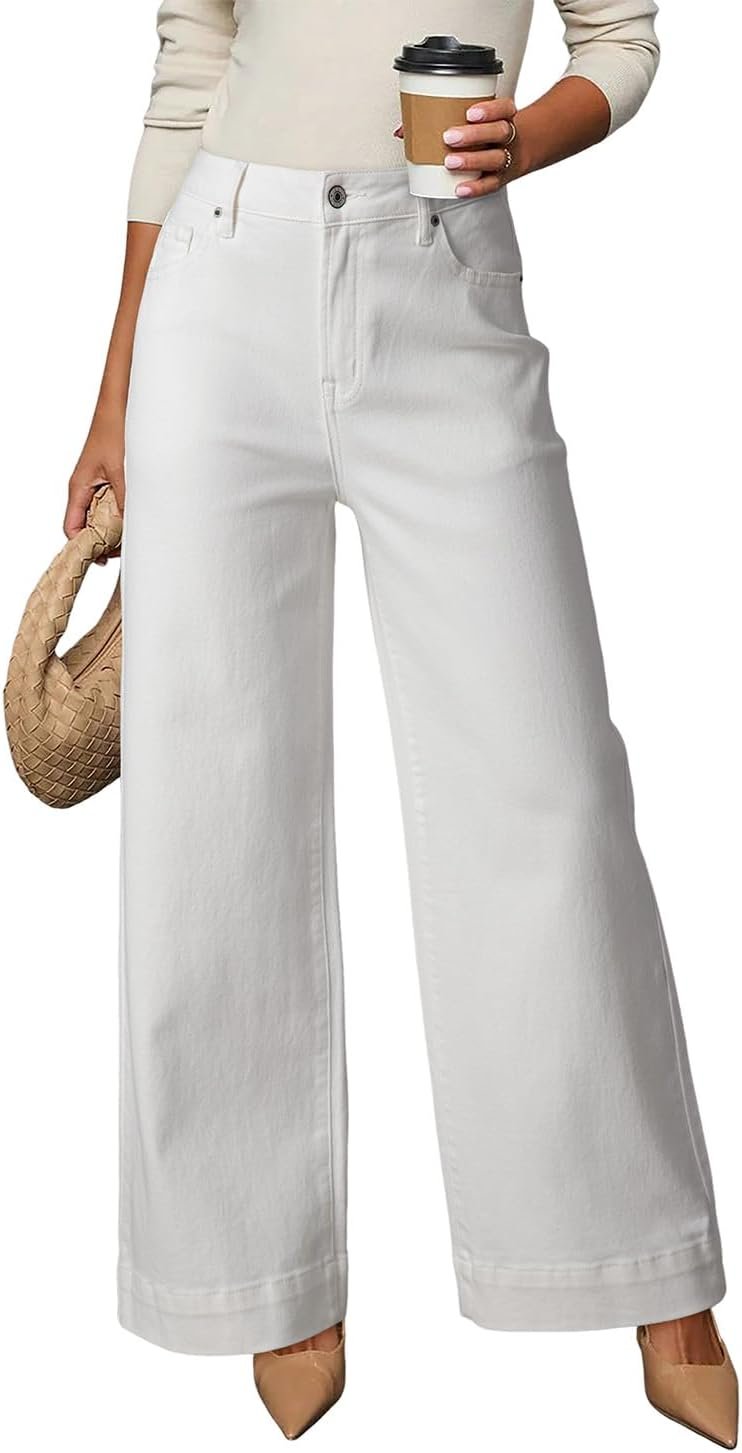 DOKOTOO Women's Casual High Waisted Jeans Stretch Button Wide Leg Loose Denim Pants with Pockets