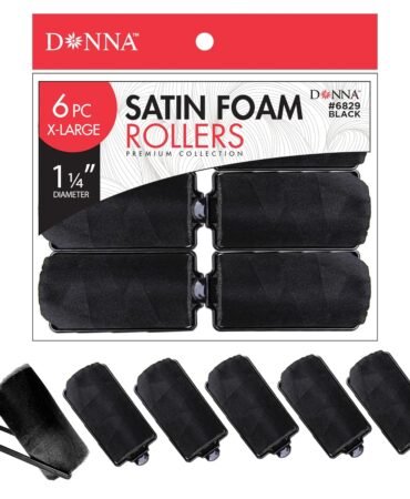 DONNA Silky Satin Foam Rollers 1.25"(D) 6PCS XL Hair Styling Heatless Curlers and Clips for Hairdressing BLACK