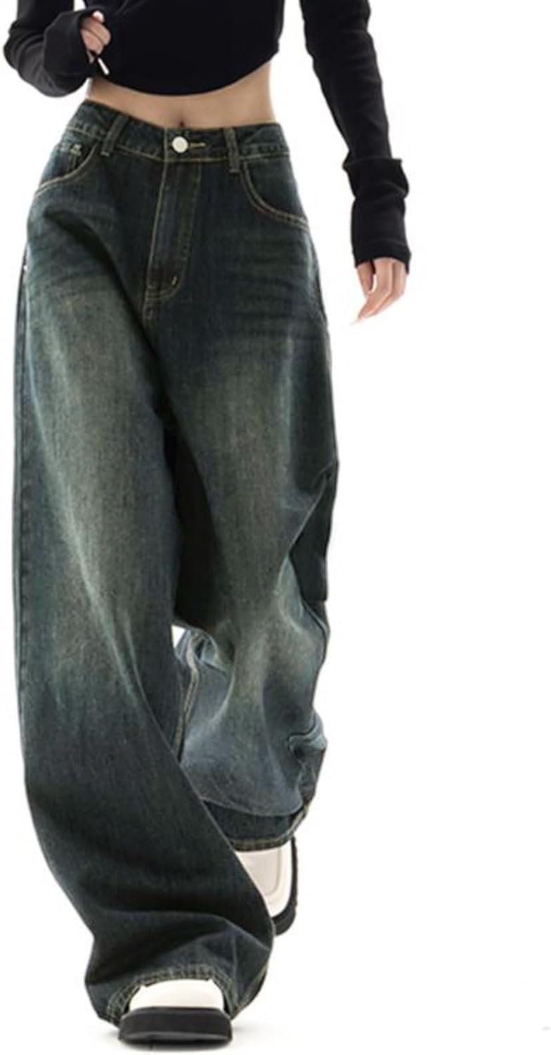 EMMIOL Women Baggy Jeans Mid-Low Waist Boyfriend Streetwear Vintage Jeans Wide Leg Denim Pants