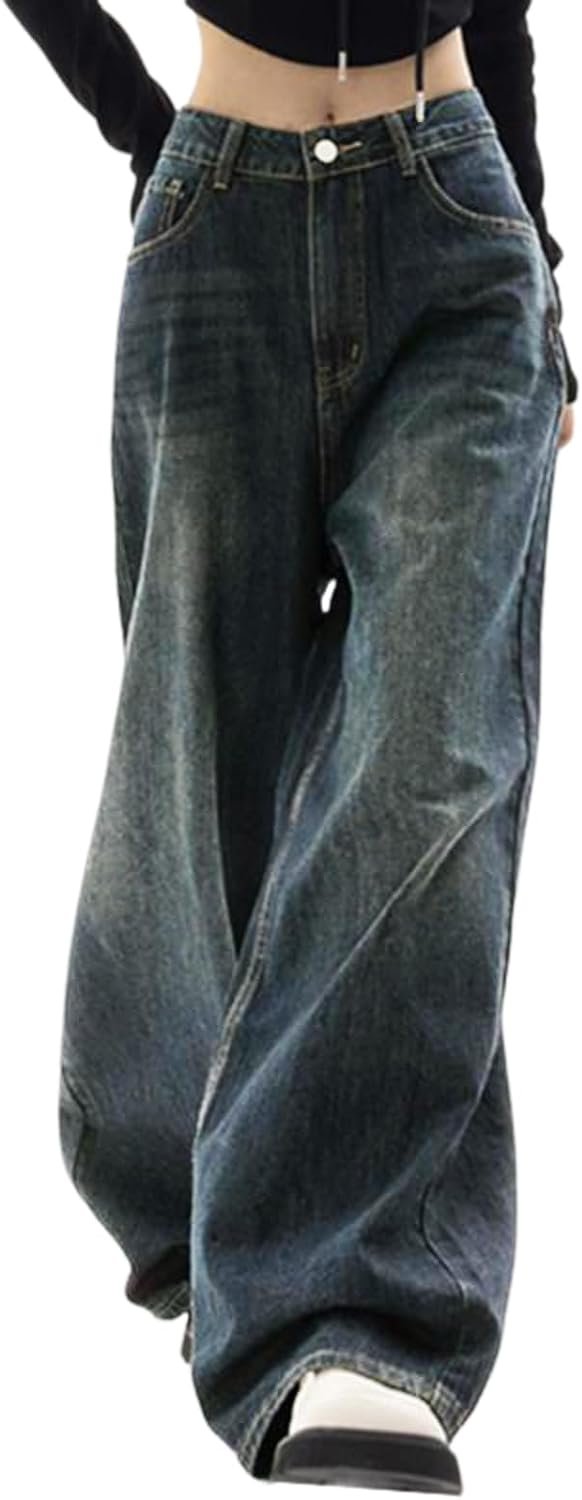 EMMIOL Women Baggy Jeans Mid-Low Waist Boyfriend Streetwear Vintage Jeans Wide Leg Denim Pants