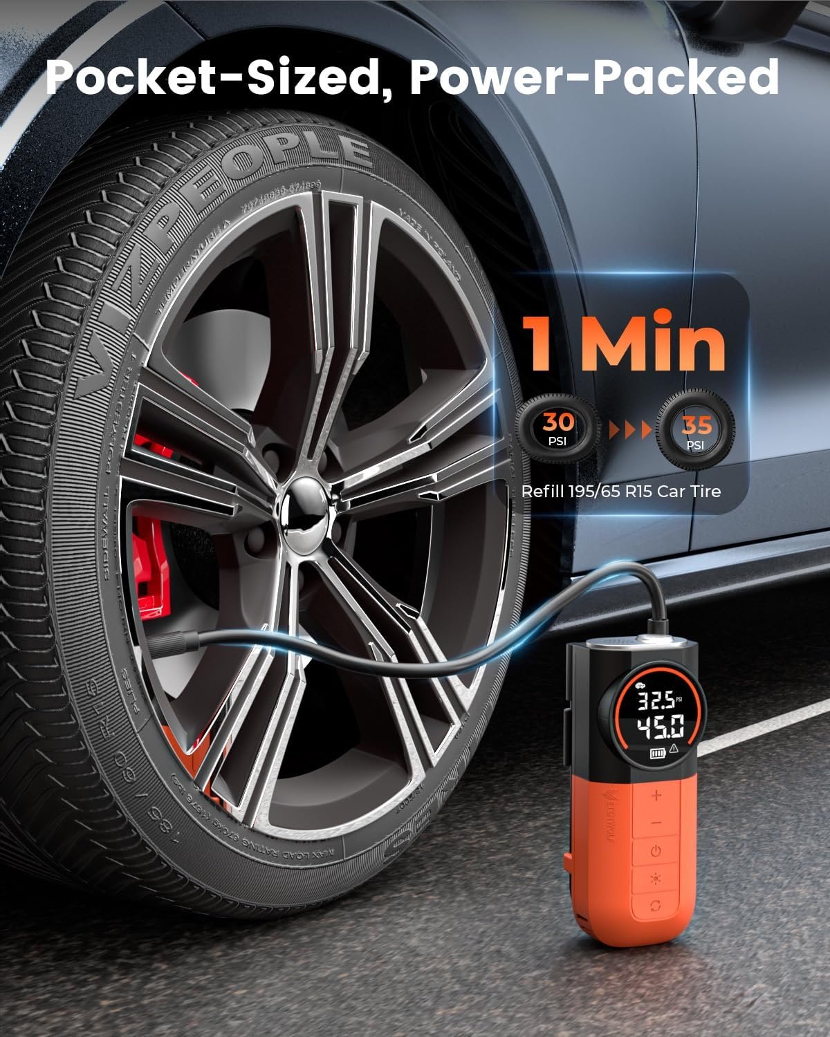 ETENWOLF S1 Tire Inflator Portable Air Compressor, 160PSI Air Pump for Car Tires, Bike, Motorcycle, Balls, Fast Inflation Tire Pump, Cordless bike Pump with LED Light & Digital Pressure Gauge (Orange)