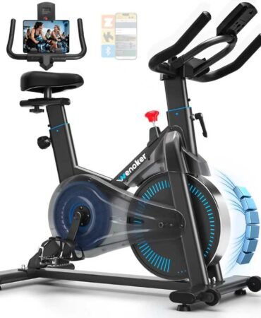Exercise Bike, Wenoker Magnetic Stationary Bike for Home App Sync Indoor Bike with Adjustable Seat and Handlebar, Transport Wheels and Fitness Courses for Weight Loss
