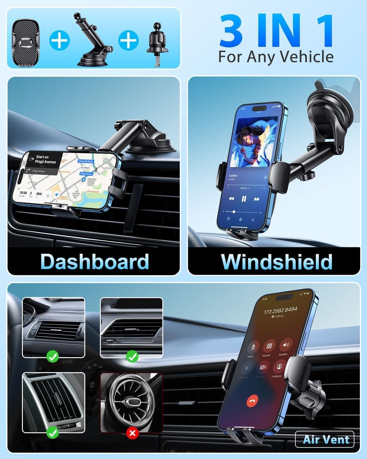 FESIYOYE Car Phone Holder[Military-Grade 360°Suction Cup] Phone Holders for Your Car Universal Accessories Air Vent Dashboard Windshield Phone Mount Automotive Cradles Fit Shower & Wall Mounts iPhone