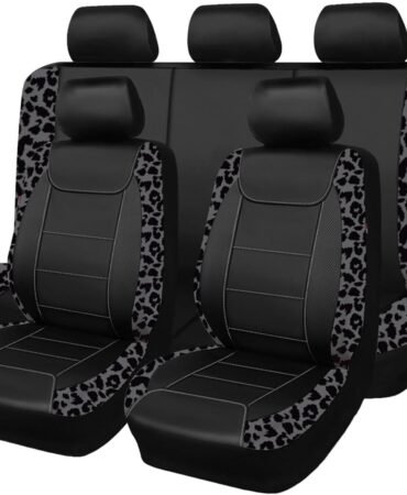 Flying Banner Carbon Fiber Leather Vehicle Seat Covers, Leopard Gray Black, Universal Fit - 8PCS