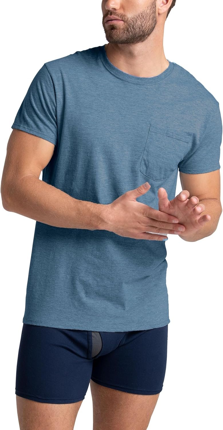 Fruit of The Loom Mens Pocket Tee Undershirts, Moisture Wicking & Tag Free, Short Sleeve Pocket T-Shirts