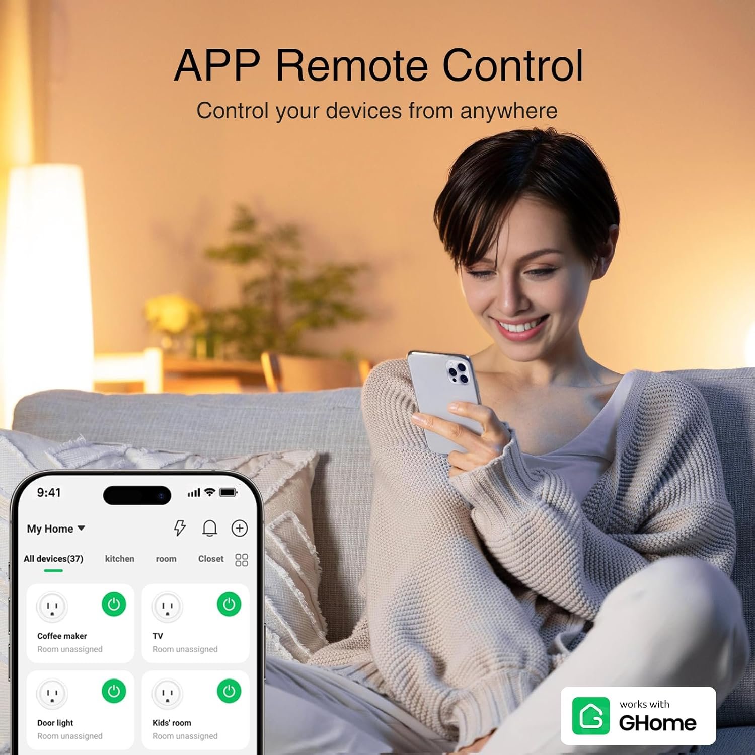 GHome Smart Plug, WiFi Smart Plugs Work with Alexa and Google Home, Smart Outlet Timer with APP Remote Control, 2.4GHz Wi-Fi Only, No Hub Required, ETL FCC Listed