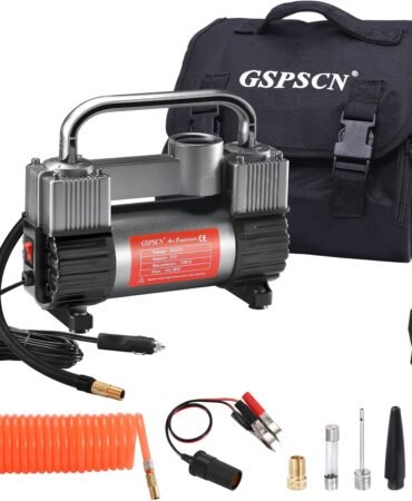 GSPSCN 12V Heavy Duty Tire Inflator Metal Portable Air Compressor Pump | 6X Faster Inflation Double Cylinders 150PSI Air Pump with Adapter for Car, RV,Pickup Truck, SUV, Van,Camper, Air Bed,Ball