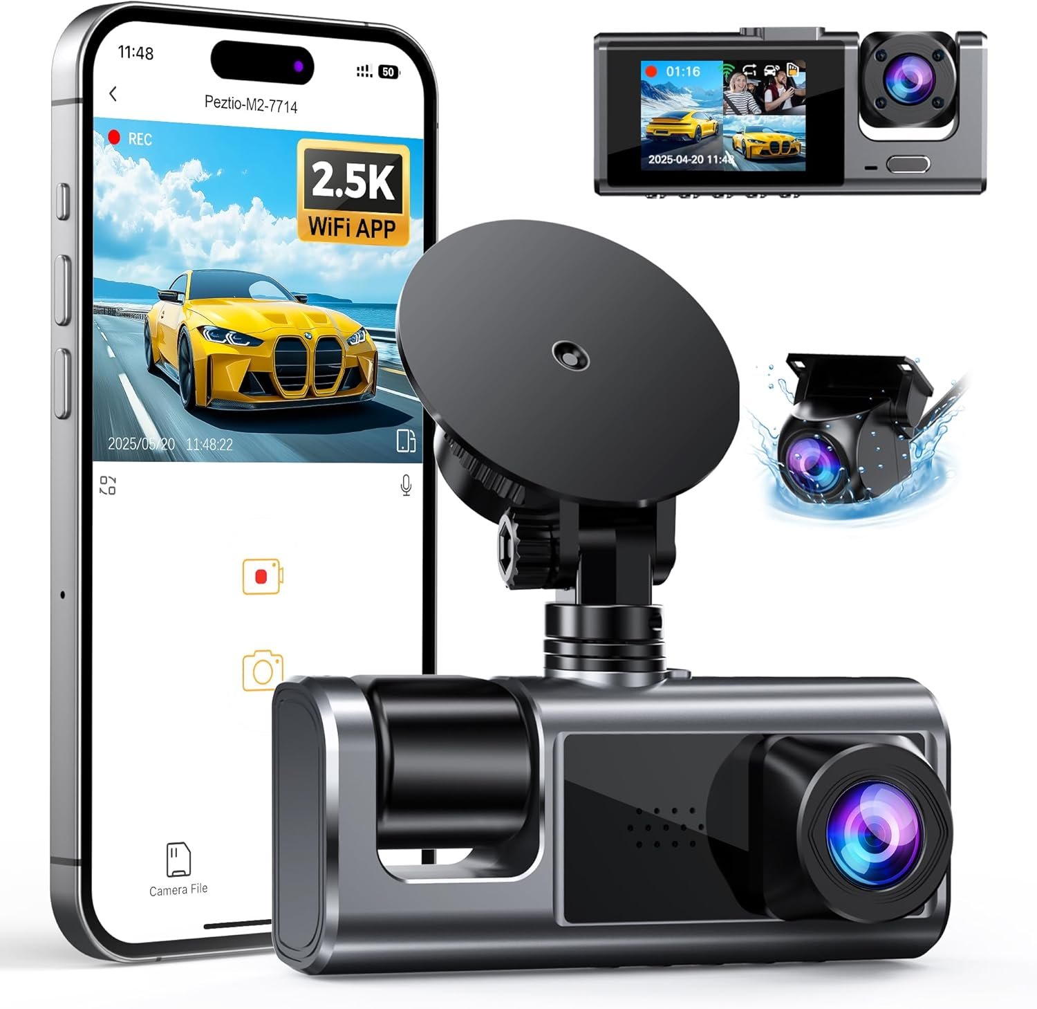 Galphi 3 Channel WiFi Dash Cam Front and Rear Inside, 2.5K+1080P+1080P Car Dash Camera for Cars Front and Rear, Dashcam with G-Sensor, Loop Recording, 24H Parking Mode, SD Card NOT Included