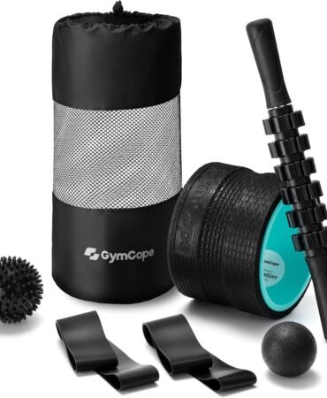 GymCope 5-in-1 Foam Roller Set with Back Roller, Massage Roller Stick, Spiky Ball, Fascia Ball and Stretch Band, 6 Inch Yoga Back Stretcher for Deep Stretch, Posture Support and Home Workout Recovery