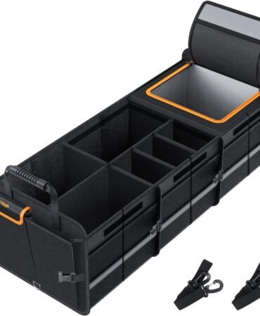 HEYTRIP Large Trunk Organizer With Built-in Leakproof Cooler Bag, 2 Tie-Down Straps, 4 Removable Dividers, Foldable Cover, Built with 2mm PE Board
