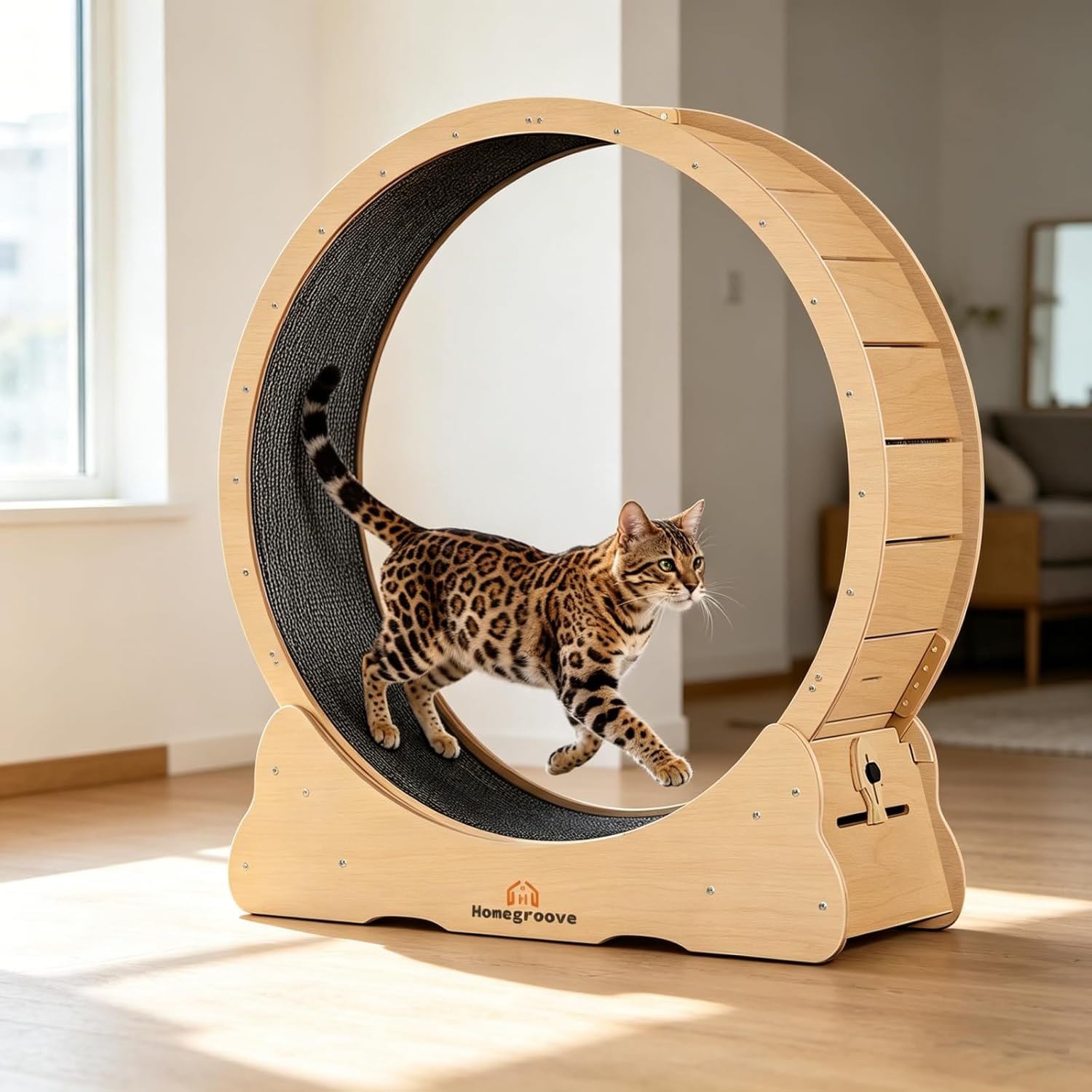 Homegroove Cat Exercise Wheel for Indoor Cats, 46" Large XL Cat Running Treadmill Wheel with Carpeted Runway for Kitty’s Longer Life, Natural Wood Color(XL)