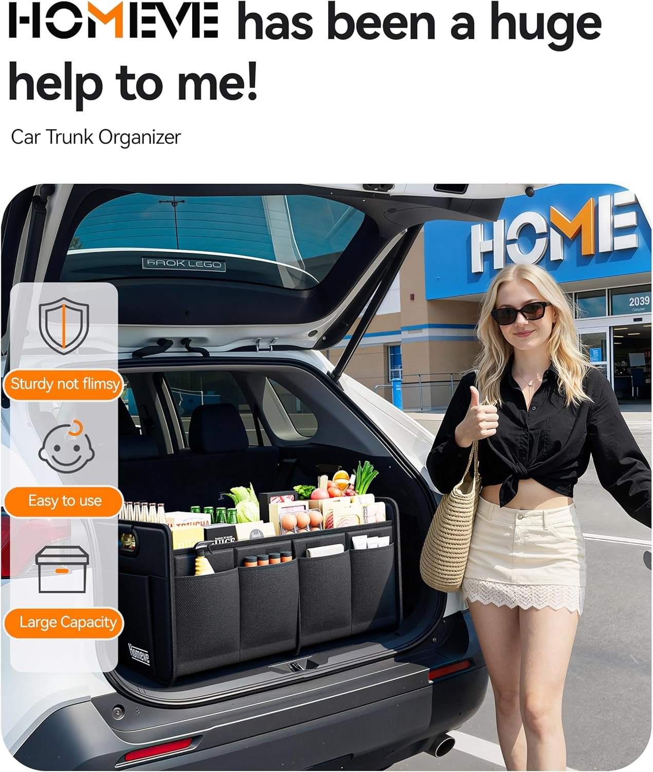 Homeve Car Trunk Organizer for SUV, 18.5Gal Large Capacity No-Sag Heavy Duty, Foldable Waterproof Anti-Slip Storage with 12 Pockets, Fit Sedan,Truck, Universal Car Accessories, Black, Large, 2 Compart