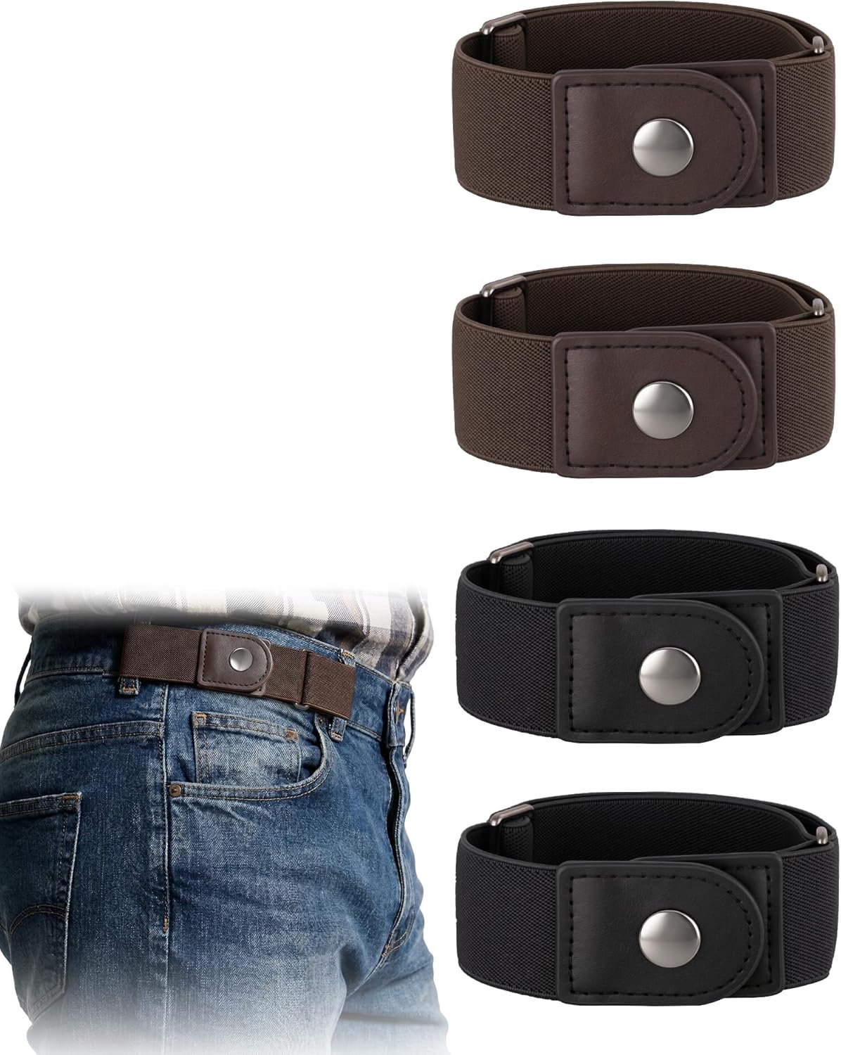 JASGOOD 4 Pack No Buckle Elastic Belt for Men, 2 Loop Invisible Side Belt Adjustable Belt without Buckle for Jeans Pants