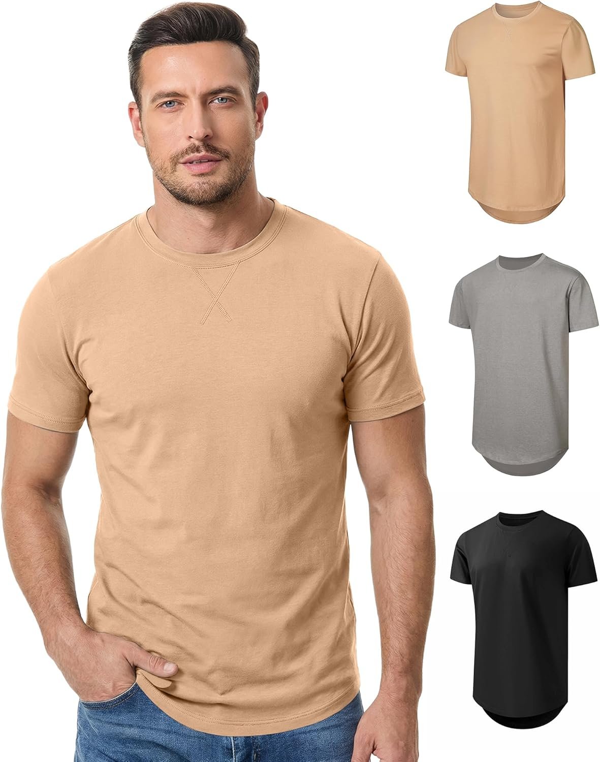 JMIERR Mens 3 Pack Cotton Hipster Hip Hop Longline Crewneck T-Shirt