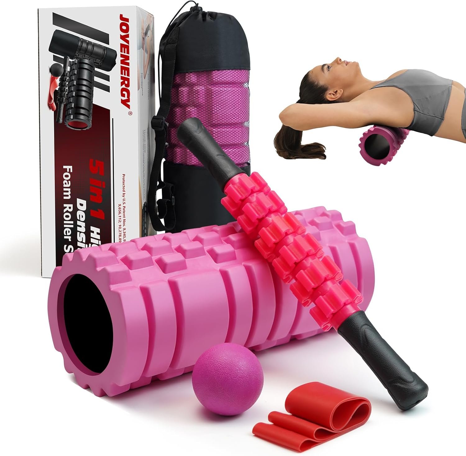 JOYENERGY 5 in 1 Foam Roller Set, Trigger Point Foam Roller Patented, Massage Stick, Massage Ball, Resistance Band for Deep Muscle Massage Pilates Yoga, Fitness Exercise for Whole Body