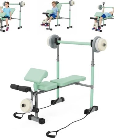 Kids Workout Equipment, Adjustable Kids Workout Bench with Preacher Pad & Leg Developer, Fillable Weight Plates for Home Gym Fitness & Exercise