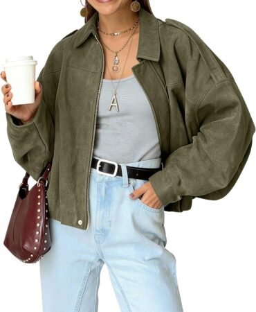 Kissonic Womens Faux Suede Bomber Jacket Oversized Batwing Long Sleeve Zip Up Cropped Coat Streetwear