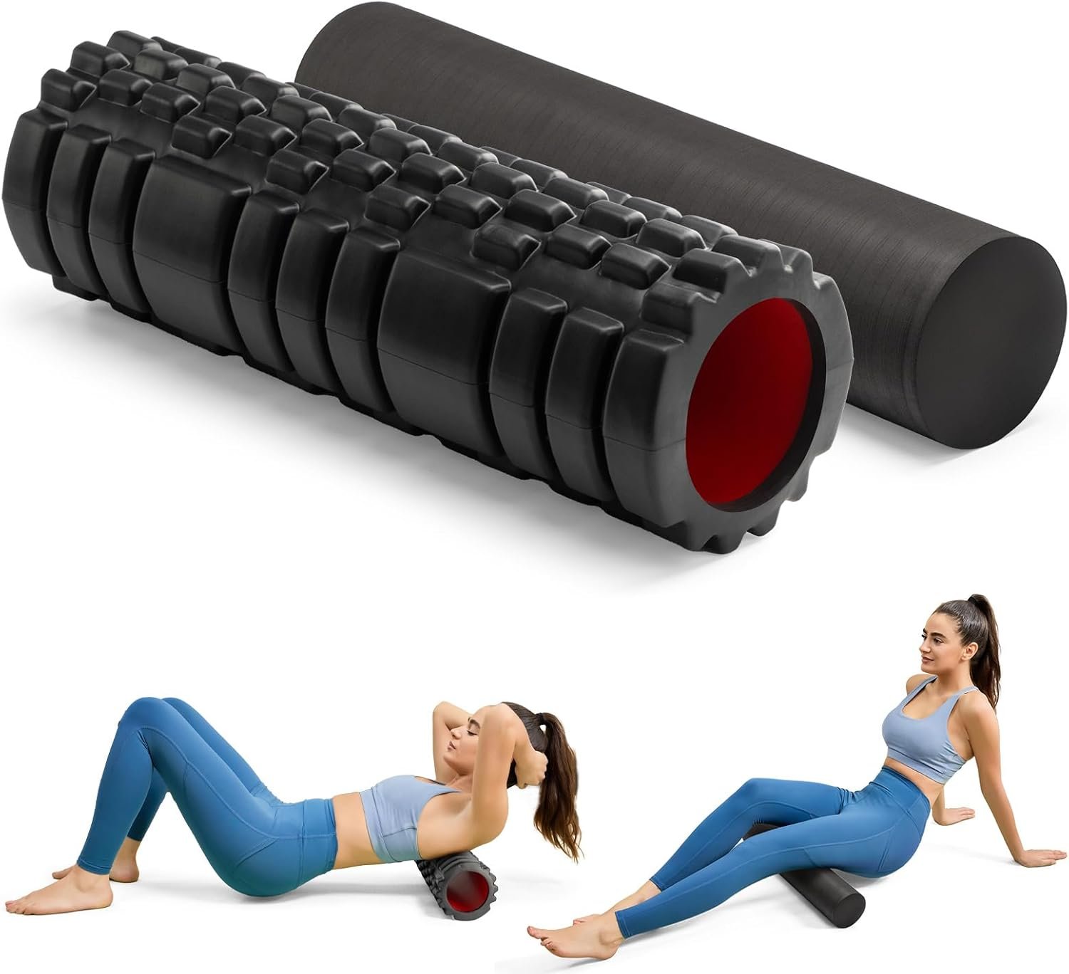 Krightlink 5-in-1 Foam Roller Set, Massage Roller Stick, Massage Ball, Resistance Band for Deep Muscle Massage, Trigger Point Release, Pilates, Yoga (Black-18(2 in 1))