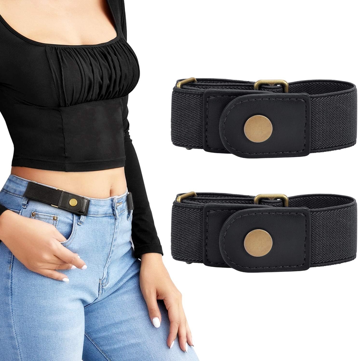 LEACOOLKEY No Buckle Stretch Belt for Women/Men—2 Pack Elastic Invisible Belt for Jeans
