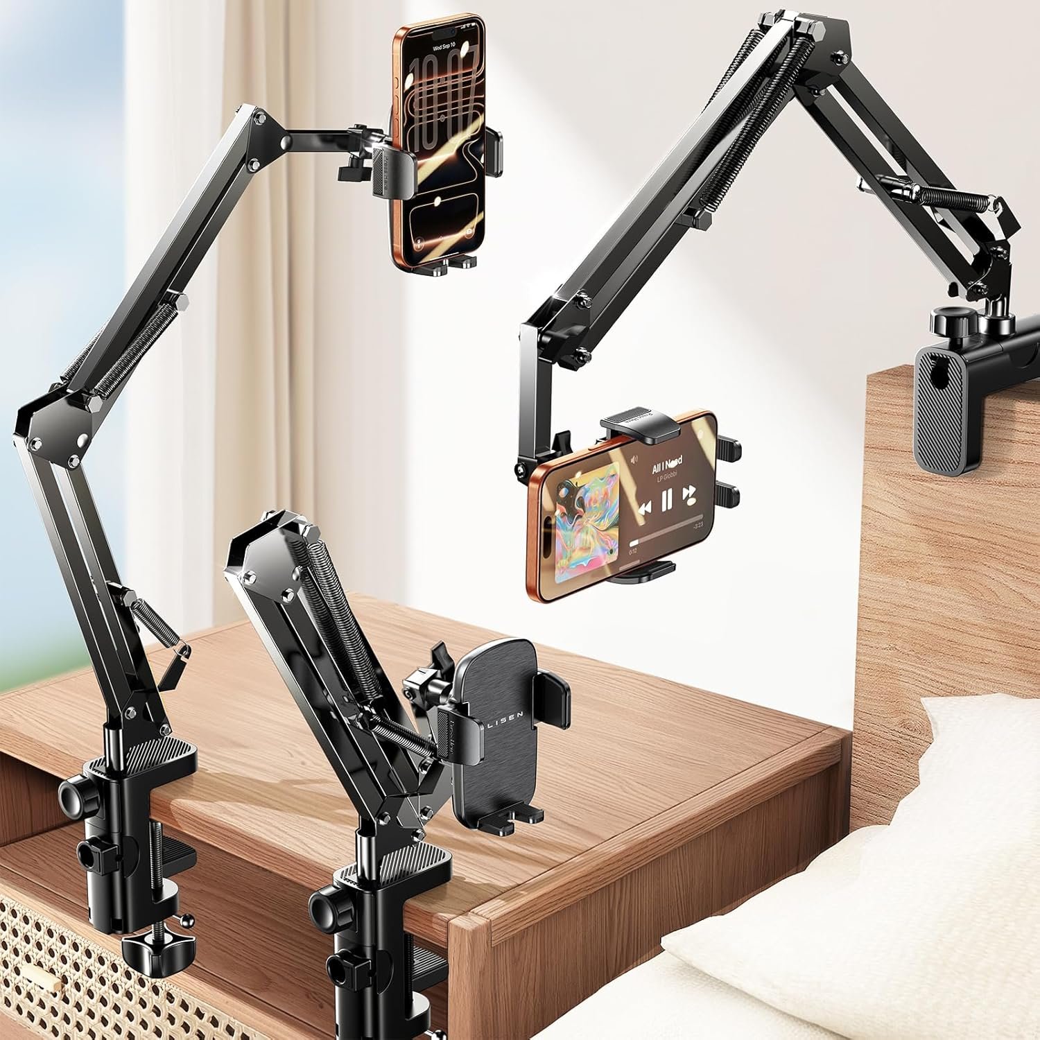 LISEN Gooseneck Phone Holder for Bed Desk [3rd Upgrade] Cell Phone Stand for Desk Bed Gaming Accessories,Gifts for Men Mom Senior Tech Mount for Recording Filming Laying Down Flexible Magic Arm Clamp