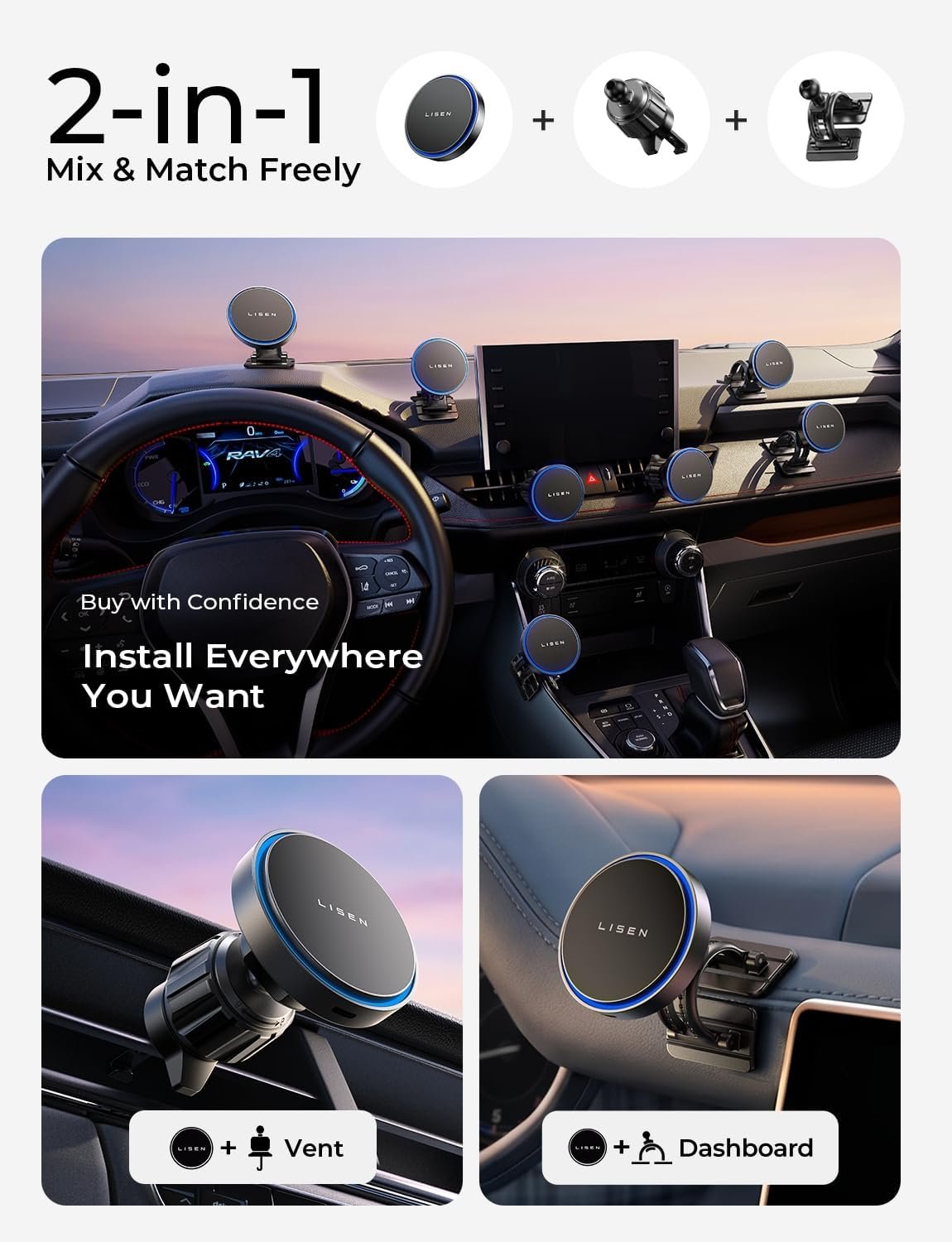 LISEN for 15W MagSafe Car Mount Charger,Magnetic Wireless Car Charger for iPhone 17 Pro Max Accessories,Magnetic Phone Holder for iPhone 17-12,Samsung,Pixel 9,Jeep Ford F150 Accessories,Gifts