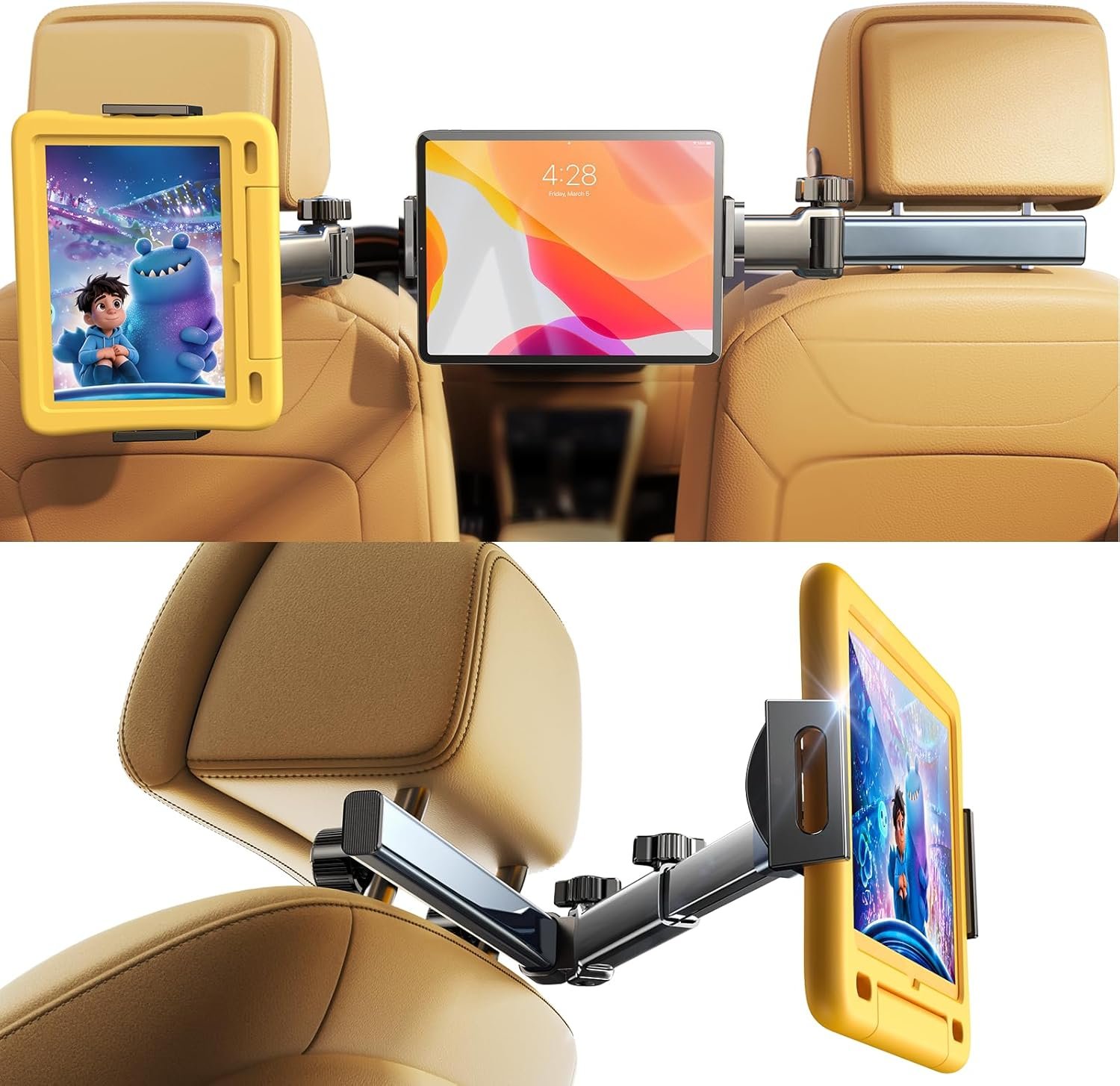 LISEN for iPad Holder Car Tablet Mount, Road Trip Essentials Toddler Kids Travel Gifts, Car Accessories for Women Interior Organizer Mens Truck 3in1 Tablet Holder for Car Camping Back Seat Headrest