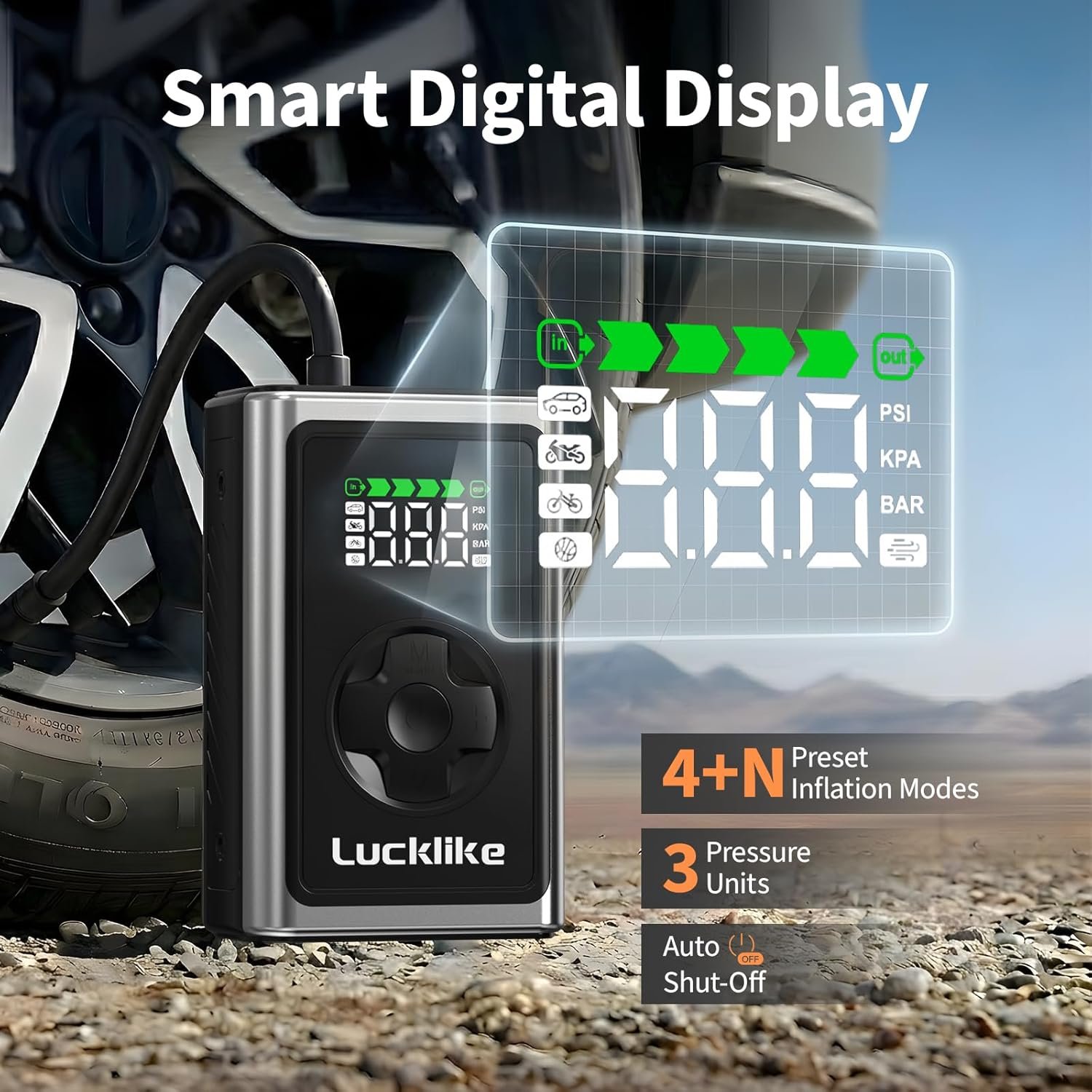 Lucklike Tire Inflator Portable Air Compressor, 150 PSI Cordless Bike Pump, 5X Faster Air Pump for Auto, Motorcycle, Bicycle, Balls, with Pressure Gauge, LED Light & Car Accessories, Standard Capacity