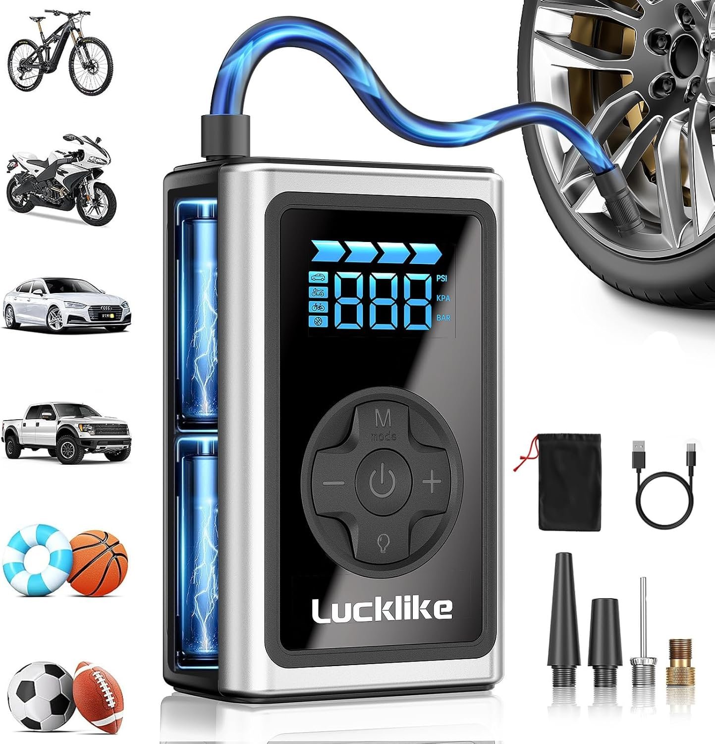 Lucklike Tire Inflator Portable Air Compressor, 150 PSI Cordless Bike Pump, 5X Faster Air Pump for Auto, Motorcycle, Bicycle, Balls, with Pressure Gauge, LED Light & Car Accessories, Standard Capacity
