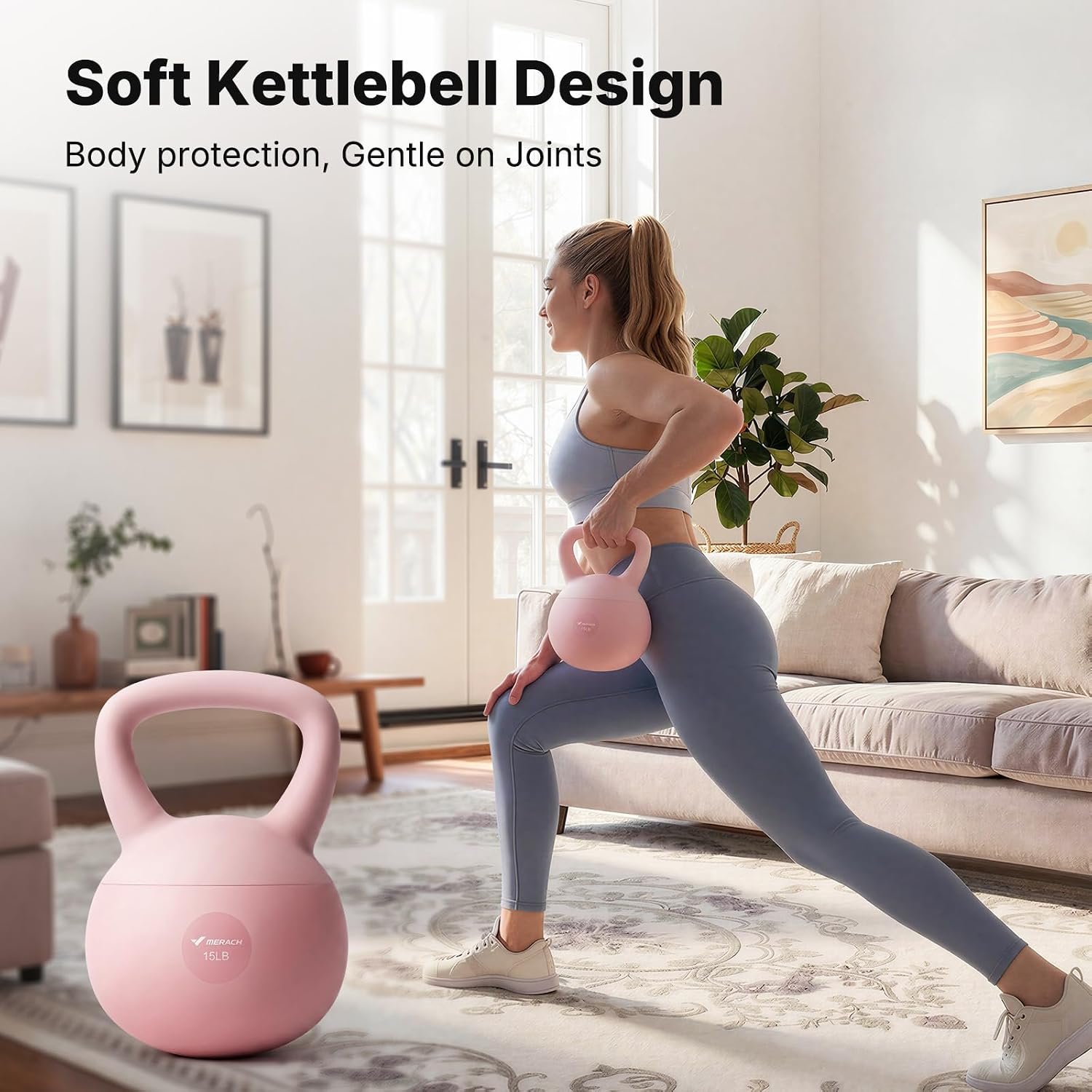 MERACH Soft Kettlebells, Strength Training Kettlebell with Wide Non-Slip Handle, Sea and Iron Sand Filled Kettle Bell with Soft-Sided Cushioned Base for Home Workouts, Ideal for Men, Women(15lb Pink/25lb Blue)