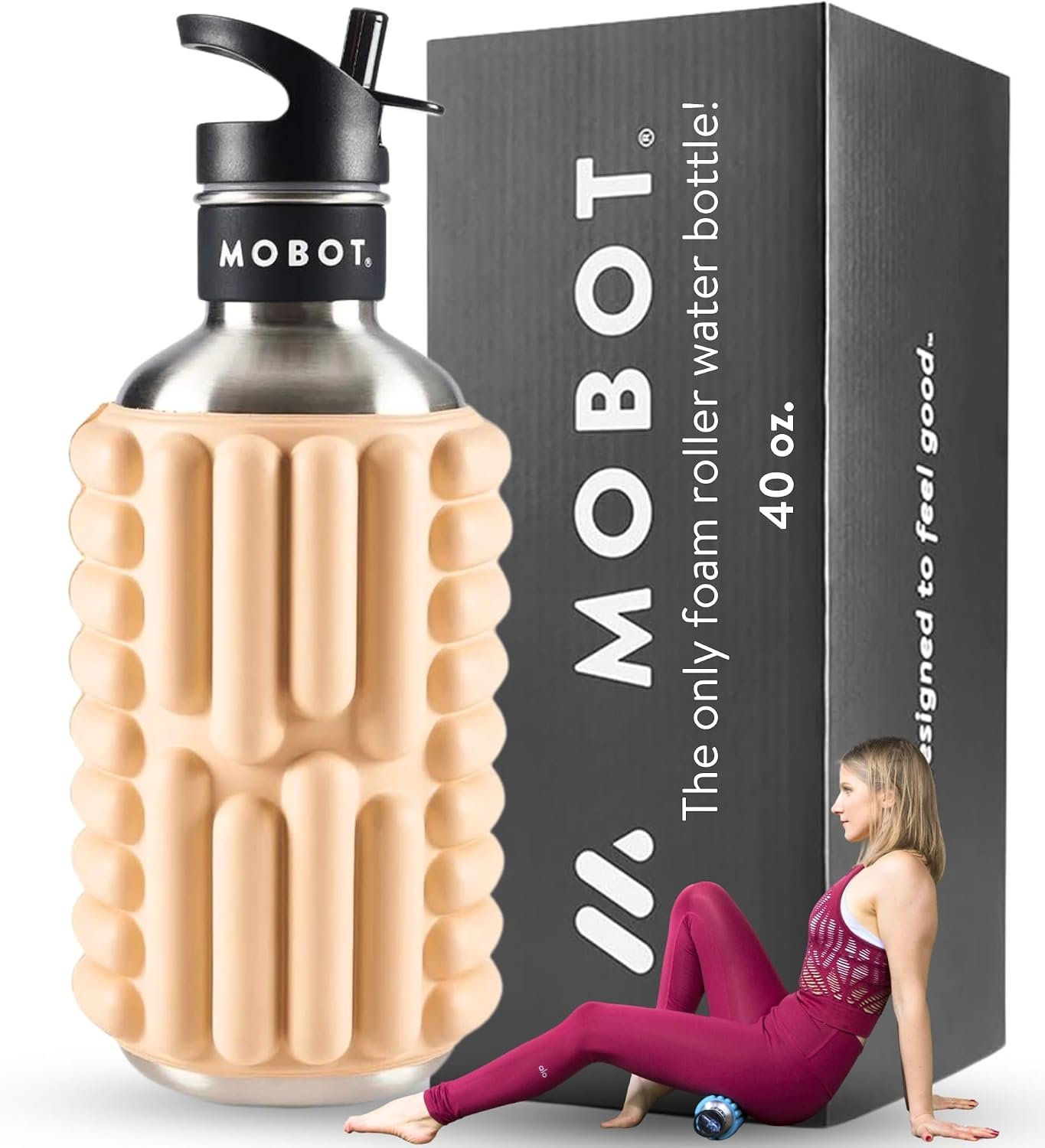 MOBOT Portable Travel Foam Roller Water Bottle with Sip Straw, Stainless Steel Screw Lid | Insulated Sports Water Bottle and Foam Rollers for Yoga, Workout, Home Gym, & Exercise (Clay, 40 oz)