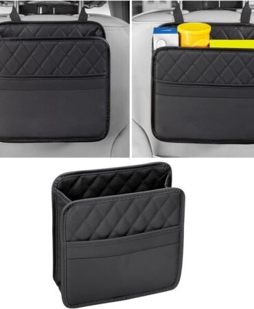Mandark Car Seat Back Organizer, PU Leather Vehicle Backseat Hanging Storage Pocket, Multipurpose Auto Travel Essentials Accessories for Kids & Adults, Universal for Most Cars (Black)