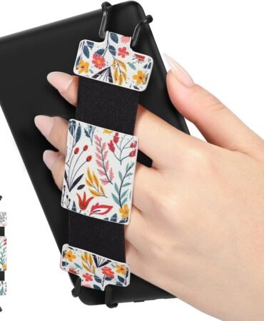 MoKo Soft Hand Strap for 6-8" Kindle eReaders Fire Tablet Kindle/Kobo/Voyaga/Lenovo/Sony Kindle E-Book Tablet, Black High-Elasticity Versatile Hand Strap Lightweight Finger Grip Holder, Flowers